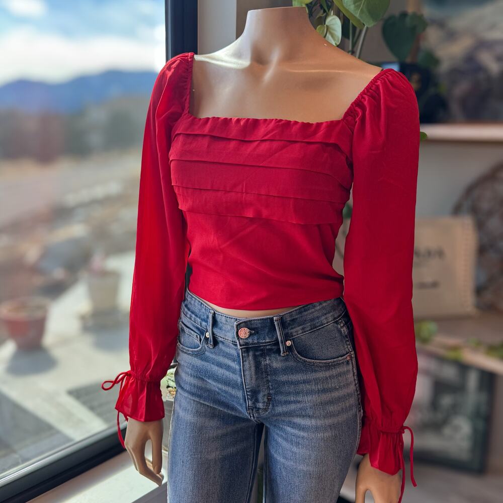 NWT, Francesca's Max Red Pleated Square Neck Tie Cuff Top, multiple sizes - Picture 4 of 8